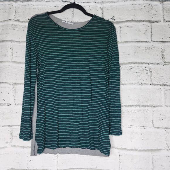 T Alexander Wang Striped Linen Silk Blend Knit Long Sleeve Shirt Blue Green - Picture 2 of 14